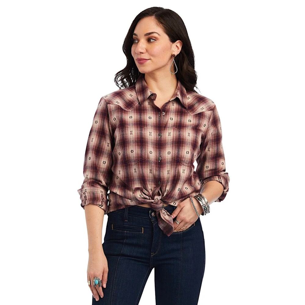 Ariat Button Down Shirt Real Billie Jean Plaid Flannel Long Sleeve Burgundy Sz S